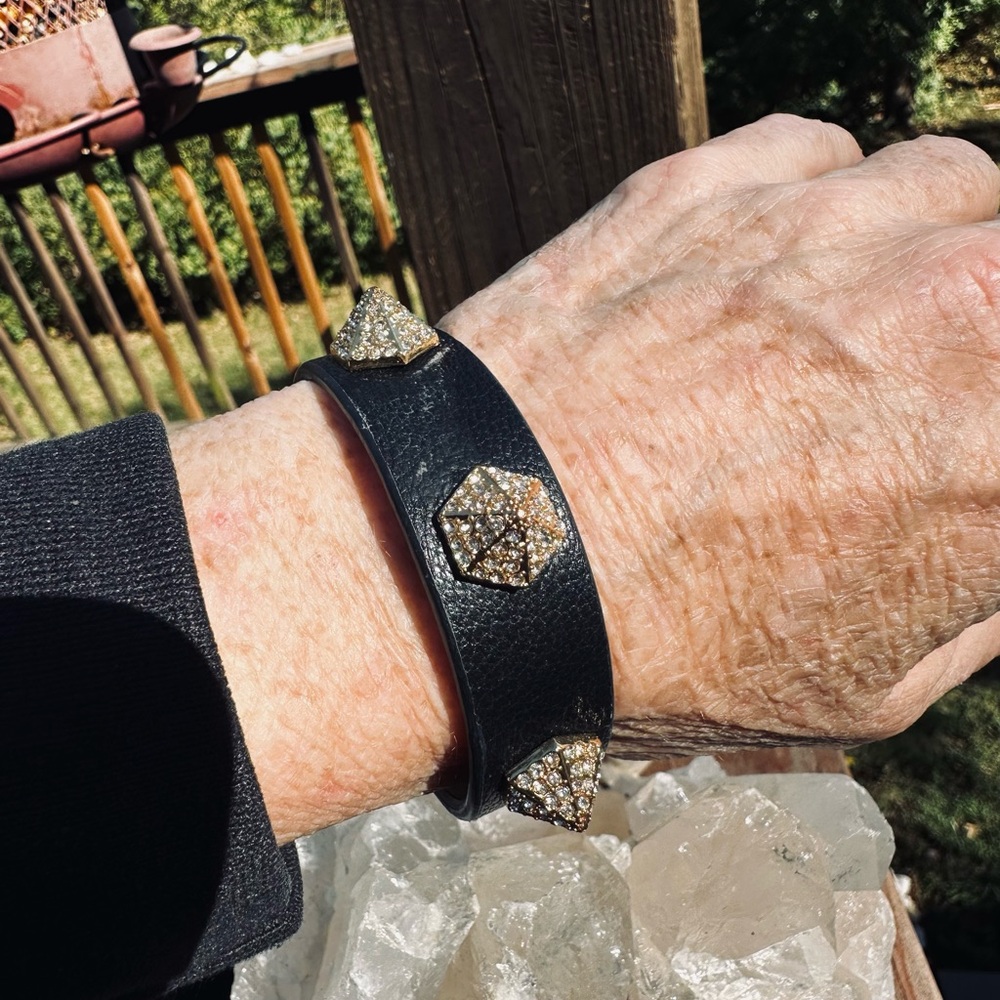 Vince Camuto Black Leather Adjustable snap Bracelet with Gold Studs